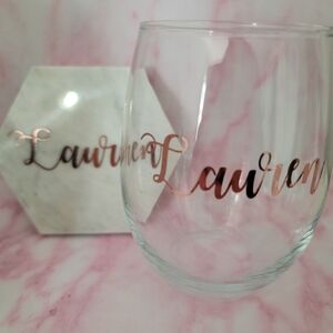 Personalized wine glass and marble coaster set